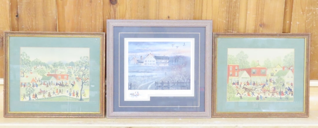 Vintage E Melvin Bolstad & Gene Roncka Prints: Vintage E Melvin Bolstad & Gene Roncka Prints - Two E. Melvin Bolstad Prints, "The Three Alarmer" and "Shopping on Main Street" 14 x 12"- both have water damage on backing. Gene Roncka "Time