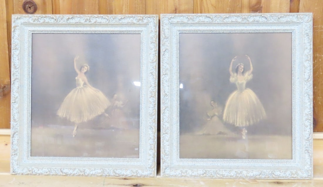 2 Framed Ballerina Lithographs by Sophie TMCO: 2 Framed Ballerina Lithographs by Sophie TMCO - 1930's "Attitude" & "Sur Les Pointes" by Sophie TMCO, 22 x 20", Lot Size: 22 x 20 x 4", 10 lbs Photos are part of description. (Live Auctioneers only