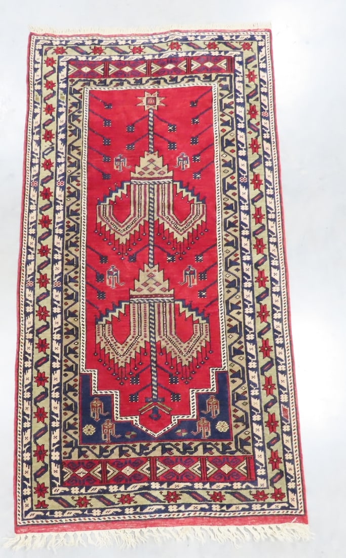 Vintage Hand Knotted Afghan Prayer Rug: Vintage Hand Knotted Afghan Prayer Rug - nice condition, 81x41", Lot size: 22x13x7", 11 lbs Photos are part of description. (Live Auctioneers only shows a max of 20 photos). Please ask questions and