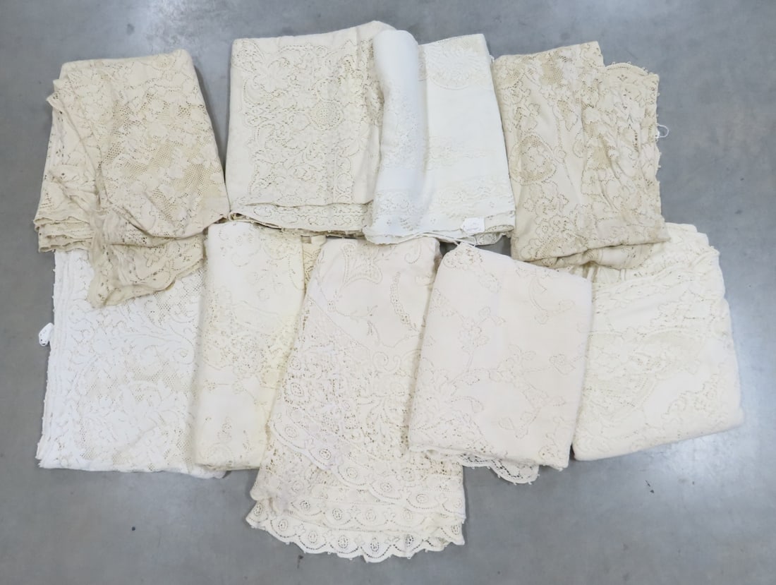 9 Quaker Lace Tablecloths: 9 Quaker Lace Tablecloths - 1) 82x49 with Quaker tag, 2) 61x49" has stains, 3) 80x58" with Quaker tag, 4) 75x48" with Quaker tag, 5) 84x56"6) 83x56" with stains 7) 76x58" 8) 61x44", 61x44" 9)