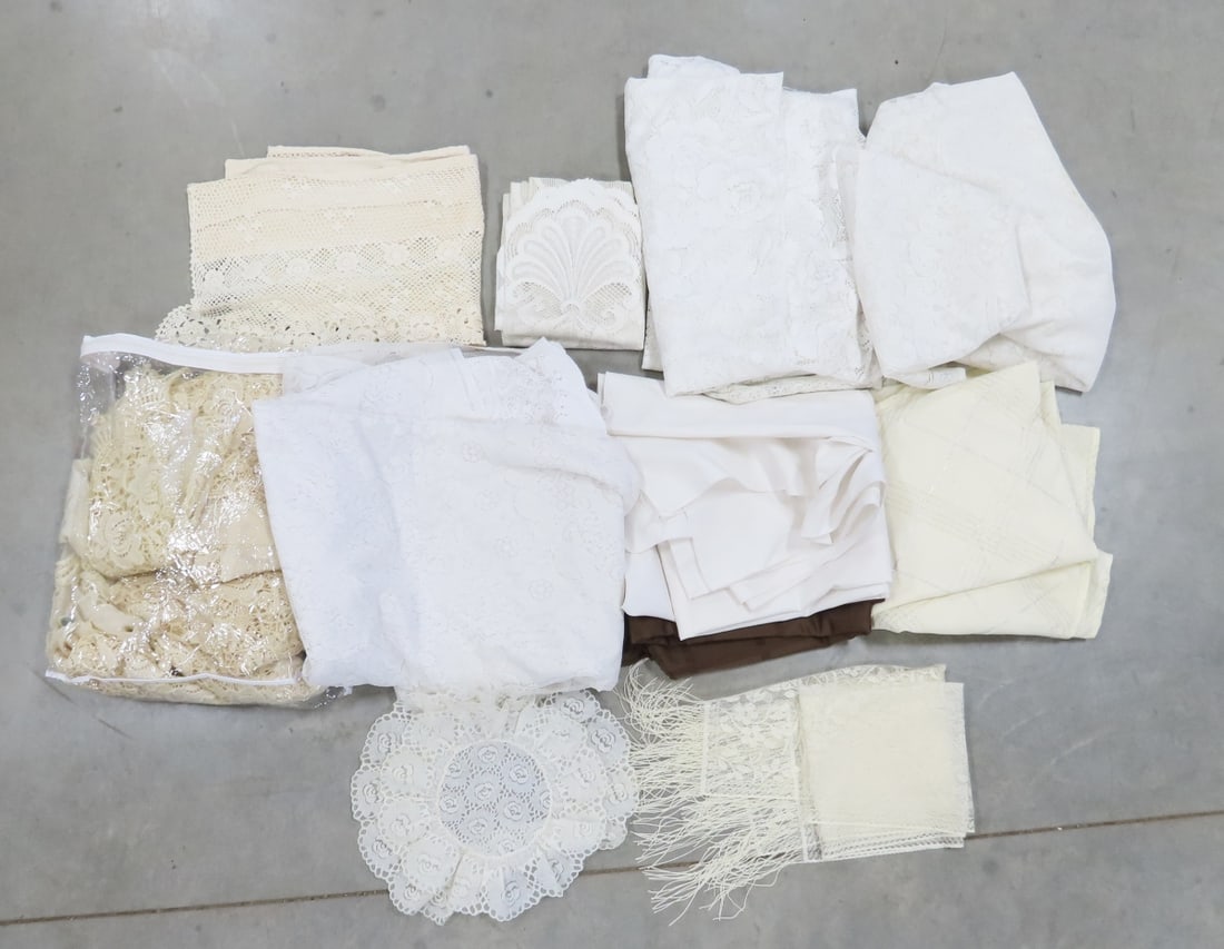 2 Lace Curtain Sets, Tablecloths & More: 2 Lace Curtain Sets, Tablecloths & More - 1) 74x67" stained, 2) 96x 58" stained, 3) 96x60", 4) runner with lace 64x15" 5) 80x57" has rod tube on 2 short ends, 6) 94x60" 7) white 71x53" stained, 8)