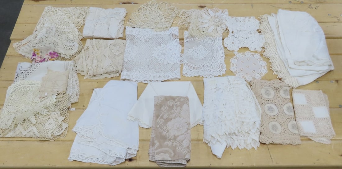 Lace & Tatting Doilies, Runners and Tablecloths: Lace & Tatting Doilies, Runners and Tablecloths - 1) 66x66" lace,2) 57" round tatting, 3) 44" square lace, 4( 46" round with tatting, 5) 39" square lace tatting, 6) 52" square lace - stains, 7)