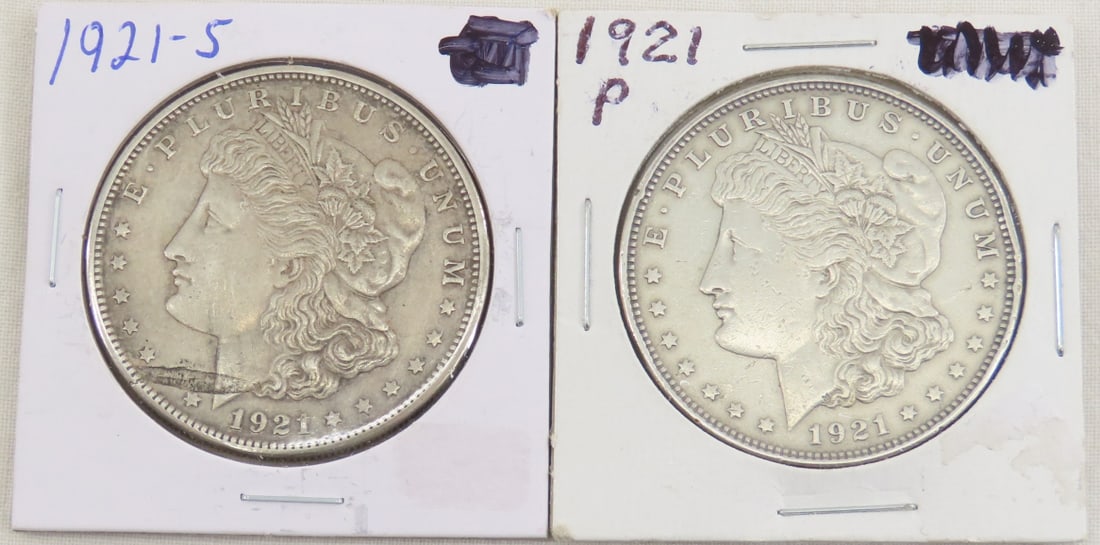 1921 S & 1921 P Morgan Silver Dollars: 1921 S & 1921 P Morgan Silver Dollars - Lot Size 3x3x3" 1 LB Photos are part of description. (Live Auctioneers only shows a max of 20 photos). Please ask questions and read terms & conditions before b