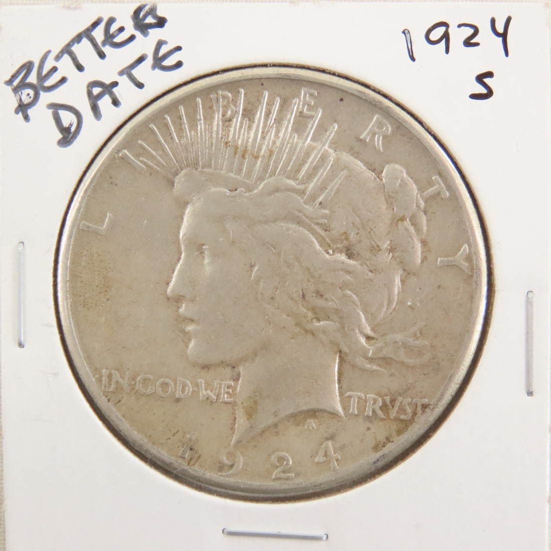 1924 S Peace Silver Dollar: 1924 S Peace Silver Dollar - Lot Size 3x3x3" 1 LB Photos are part of description. (Live Auctioneers only shows a max of 20 photos). Please ask questions and read terms & conditions before bidding.