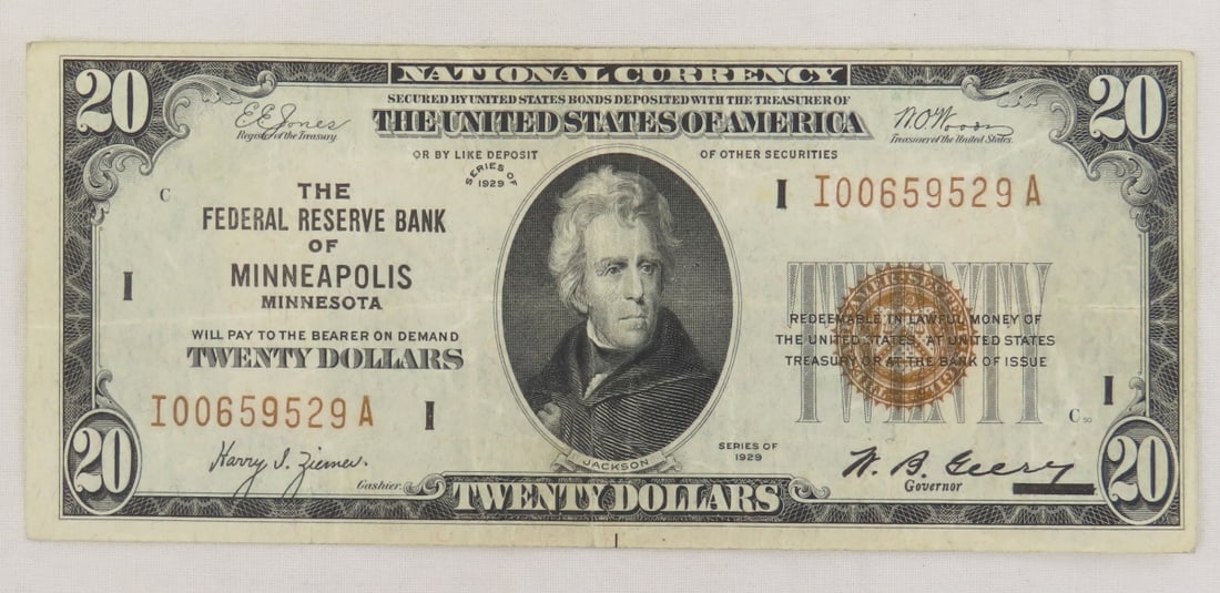 1929 $20 National Currency Note Fed Reserve MPLS (1 of 6)