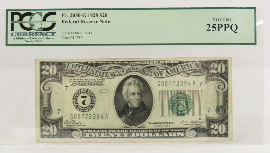 1928 $20 Fed Reserve Note PCGS 25PPQ Very Fine: 1928 $20 Fed Reserve Note PCGS 25PPQ Very Fine - Lot Size 4x6x2" 1 LB Photos are part of description. (Live Auctioneers only shows a max of 20 photos). Please ask questions and read terms &