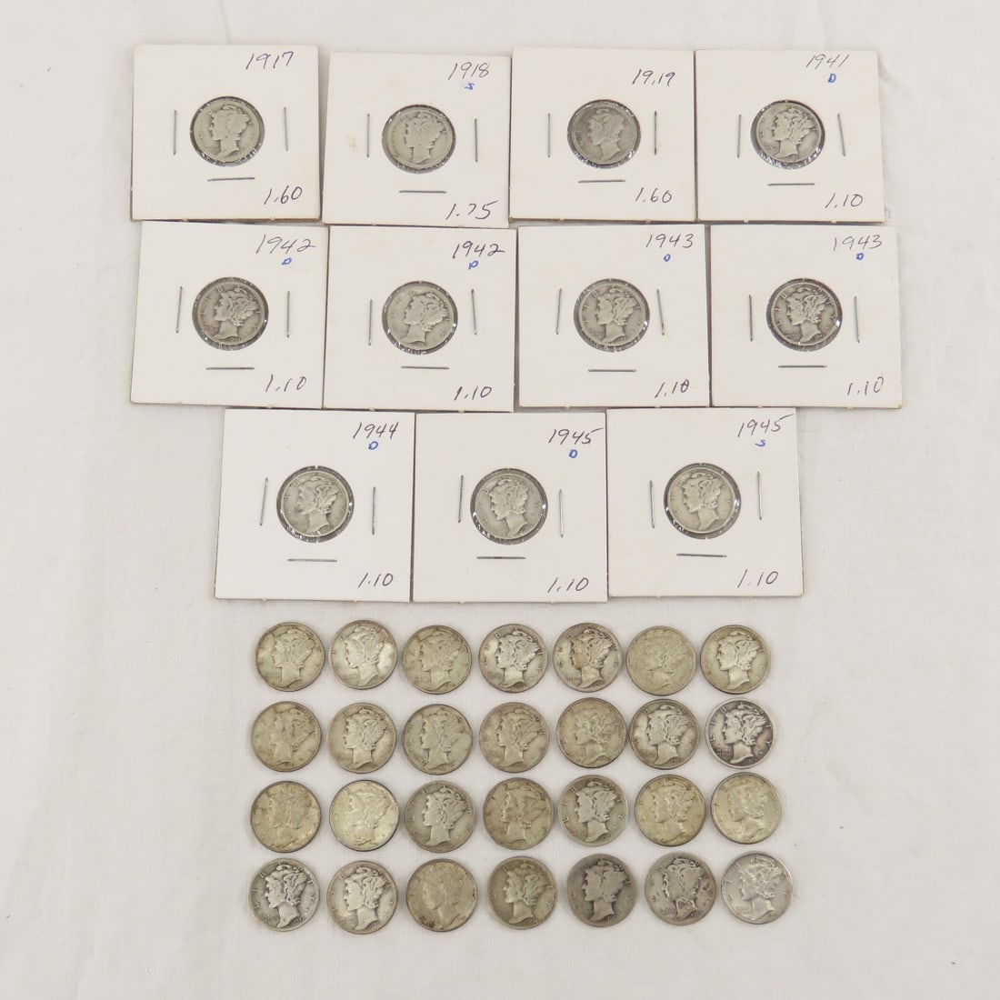 39 Mercury Silver Dimes, carded & loose: 39 Mercury Silver Dimes, carded & loose - Lot Size 4x4x4" 1 LB Photos are part of description. (Live Auctioneers only shows a max of 20 photos). Please ask questions and read terms & conditions