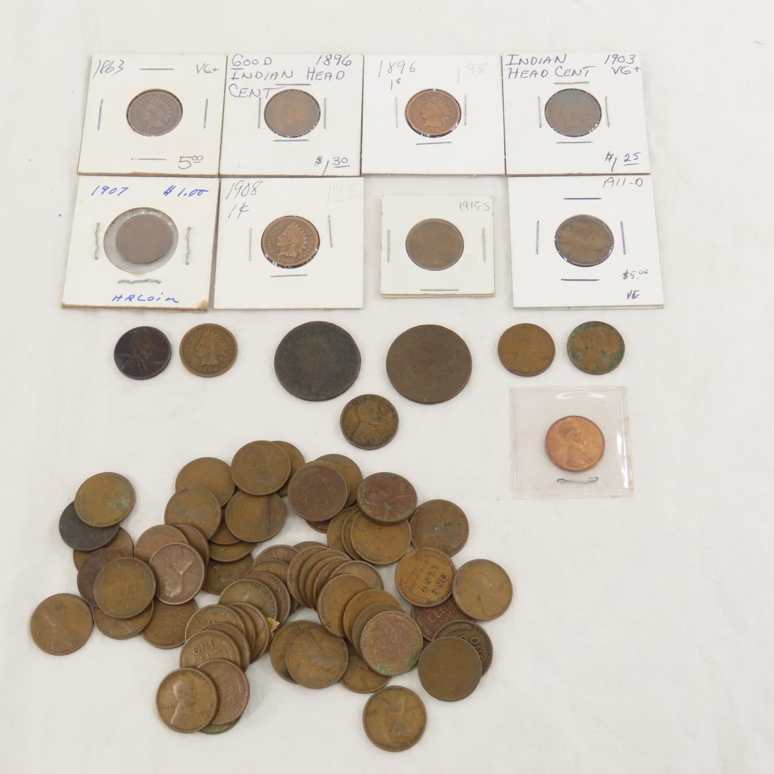 Indian Head, Wheat, & 2 Large Cents: Indian Head, Wheat, & 2 Large Cents - Lot Size 3x3x3" 1 LB Photos are part of description. (Live Auctioneers only shows a max of 20 photos). Please ask questions and read terms & conditions before