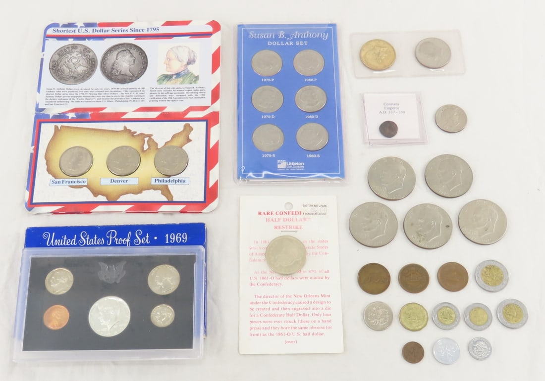 Mixed US Coins, 1967 Proof, Eisenhower & Susan B: Mixed US Coins, 1967 Proof, Eisenhower & Susan B - Confederate restrike. Lot Size 8x4x3" 2LB Photos are part of description. (Live Auctioneers only shows a max of 20 photos). Please ask questions and
