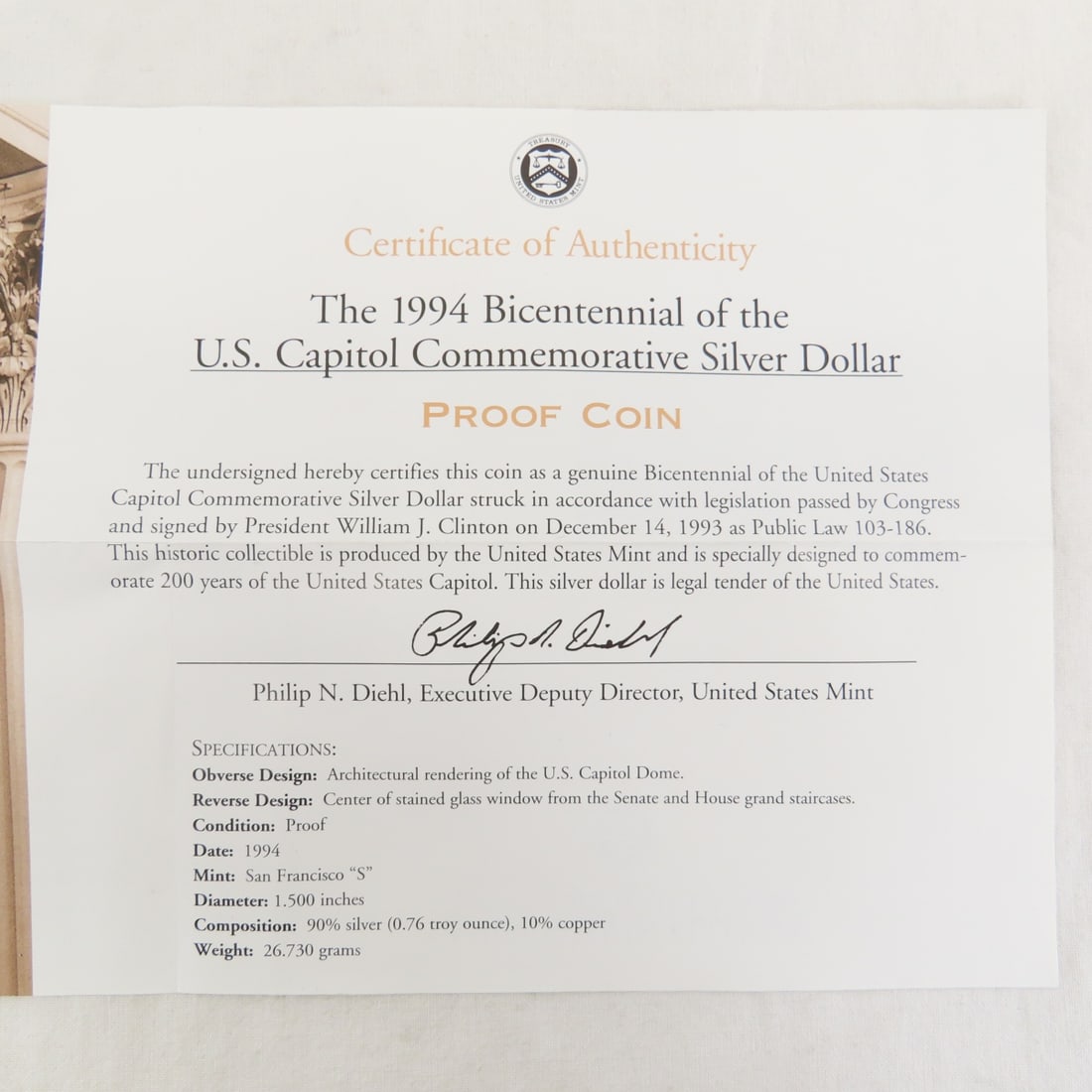 1994 US Capitol Bicentennial Silver Dollar Proof - 7