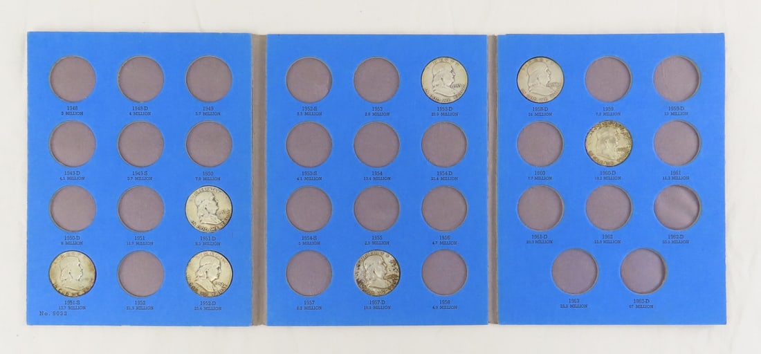 7 Franklin Silver Half Dollars in book: 7 Franklin Silver Half Dollars in book - Lot Size 9x7x3" 2 LB Photos are part of description. (Live Auctioneers only shows a max of 20 photos). Please ask questions and read terms & conditions before