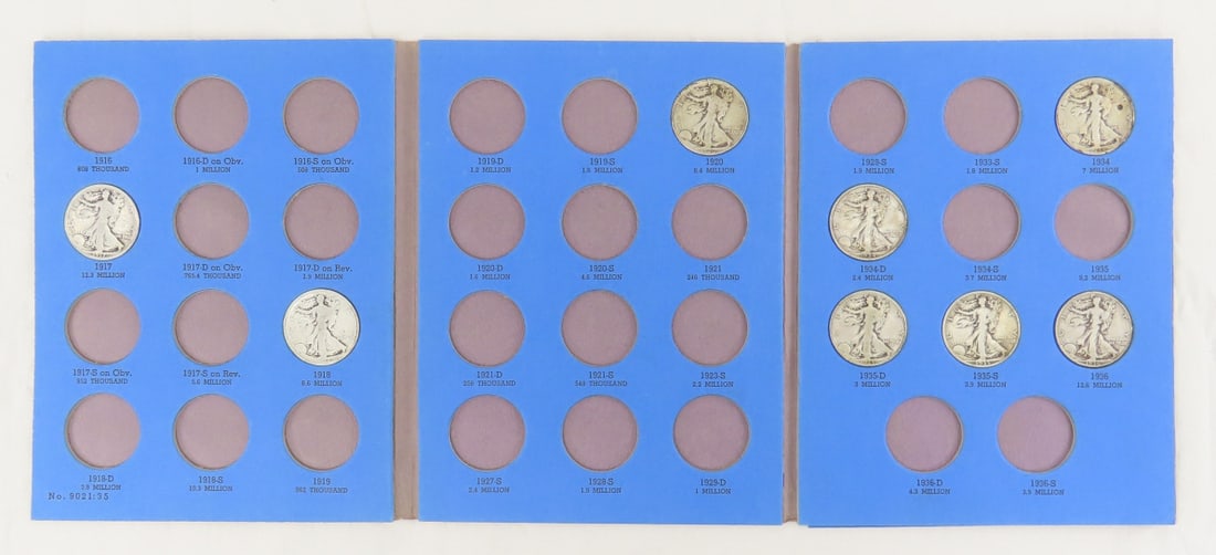 8 Walking Liberty Silver Half Dollars in books: 8 Walking Liberty Silver Half Dollars in books - Lot Size 9x7x3" 2 LB Photos are part of description. (Live Auctioneers only shows a max of 20 photos). Please ask questions and read terms &