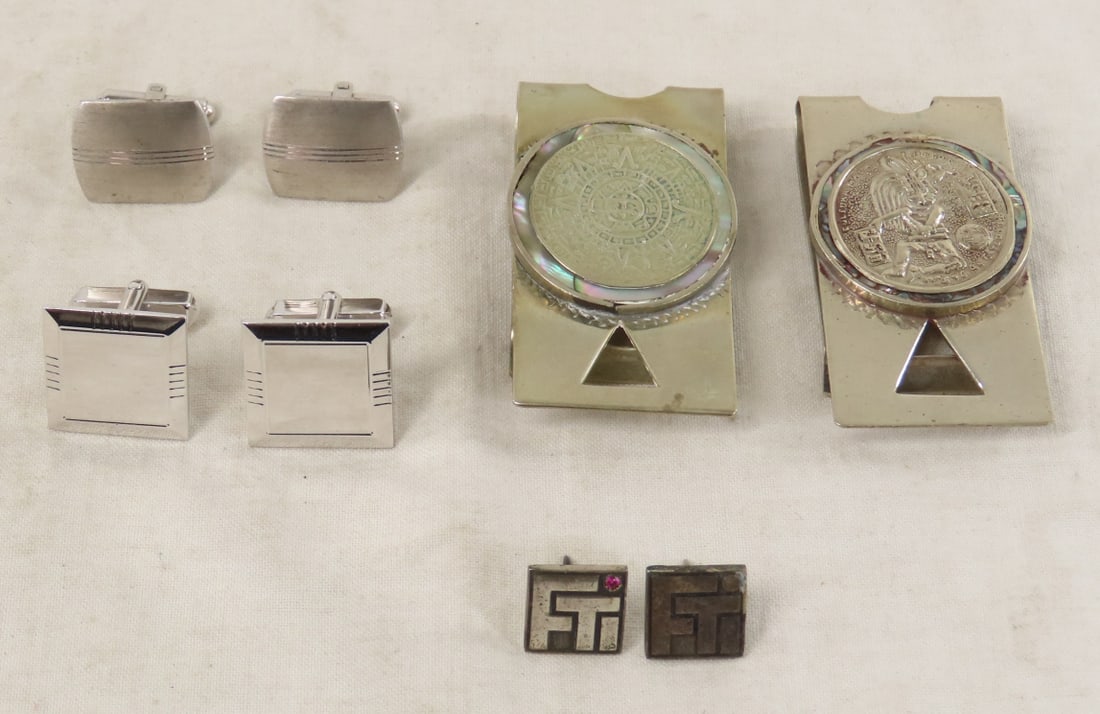 Sterling Silver Cufflinks, Pins & Money Clips: Sterling Silver Cufflinks, Pins & Money Clips - 1) 2 FTi sterling award pins 3.6gtw- 1has ruby, 2) Swank sterling cufflinks13.4 grams, 3) Mr. X sterling cufflinks6.5 grams, 4) Mexico Taxco Mayan