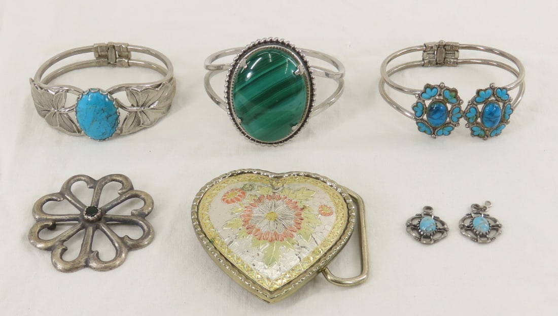 3 Cuff Bracelets, Belt Buckle, Brooch & More: 3 Cuff Bracelets, Belt Buckle, Brooch & More - belt buckle marked W USA. Lot size: 4x4x4", 1 lb Photos are part of description. (Live Auctioneers only shows a max of 20 photos). Please ask questions
