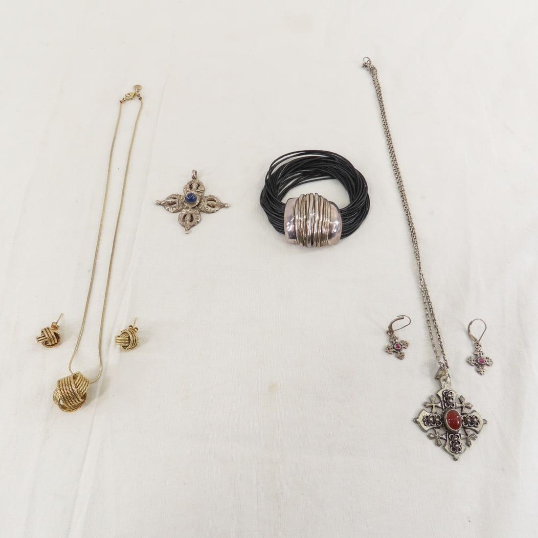 Israeli Sterling Silver Jerusalem Cross Set & More: Israeli Sterling Silver Jerusalem Cross Set & More - matching Jerusalem cross necklace and earrings - 6.7 grams, other Jerusalem style cross pendant 4.4 grams, leather cord & sterling magnetic