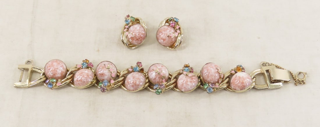 Vintage Kafin Pink Fleck Bracelet & Earrings: Vintage Kafin Pink Fleck Bracelet & Earrings - pink/white/copper lucite set in gold with multi color stones- complete, clip earrings. Lot size: 3x3x3", 1 lb Photos are part of description. (Live