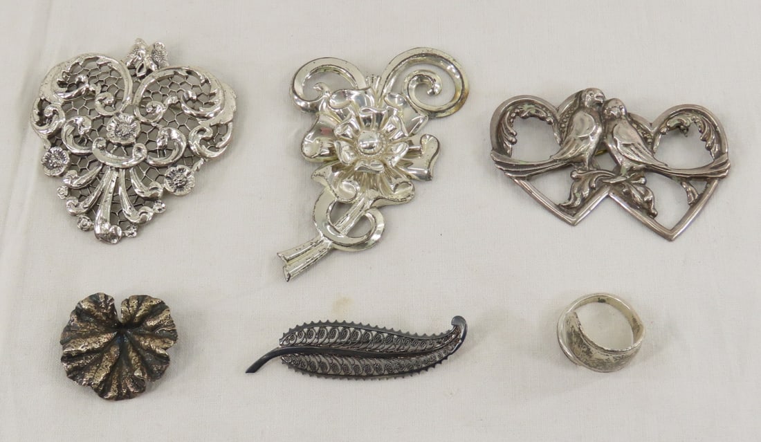 Vintage Signed Sterling Silver Jewelry- 70+ grams: Vintage Signed Sterling Silver Jewelry- 70+ grams - Alice Caviness filigree leaf brooch, Truart birds in double heart brooch, SB floral spray brooch, Napier ginkgo leaf, Danecraft filigree style heart