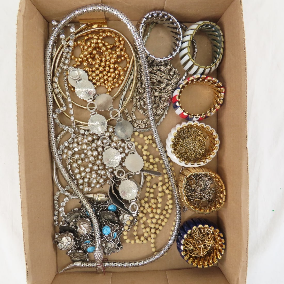 Vintage Belts, Bracelets and Jewelry: Vintage Belts, Bracelets and Jewelry - silver tone snake belt, rhinestone belt, slim gold stretch belt, faux turquoise belt, child size hand tooled belt- not sterling, metal bead necklaces, faux