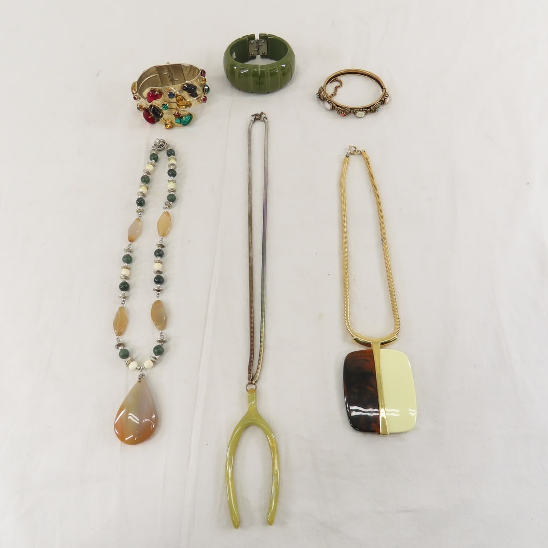 Haskell, Trifari, Bakelite & Vintage Jewelry: Haskell, Trifari, Bakelite & Vintage Jewelry - crown Trifari 2 tone gold necklace, Miriam Haskell stone and bead necklace, unmarked bakelite wishbone necklace, p.a.design clamp bracelet-not