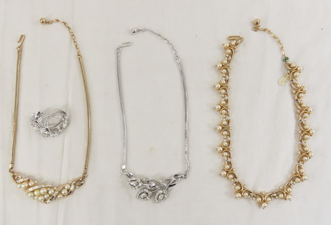 Trifari Alfred Philippe Necklaces & Brooches: Trifari Alfred Philippe Necklaces & Brooches - all marked Trifari Pat Pend, silver brooch, and gold cluster necklace are each missing 1 large stone. Photos are part of description. (Live