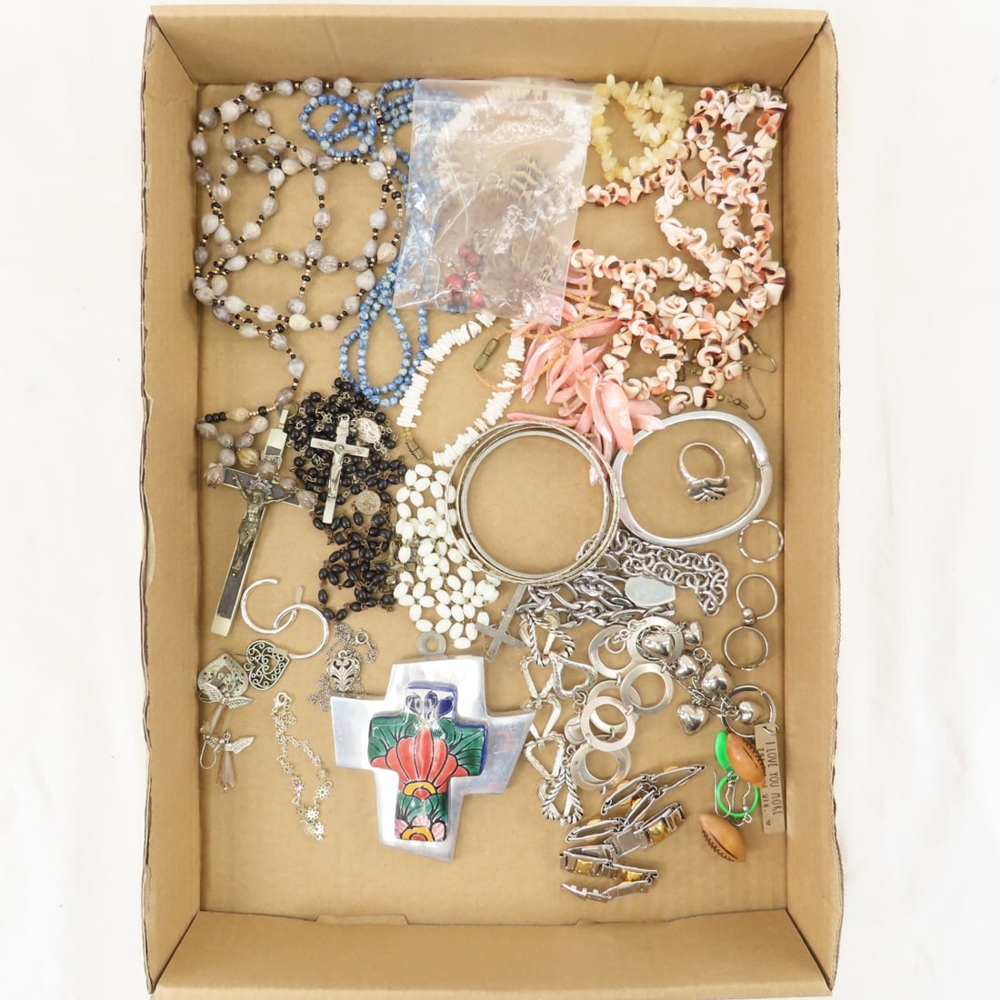Shell & Silver Plated Jewelry, Rosaries and More: Shell & Silver Plated Jewelry, Rosaries and More - Lot size: 10x10x8", 1.8 lbs Photos are part of description. (Live Auctioneers only shows a max of 20 photos). Please ask questions and read terms &