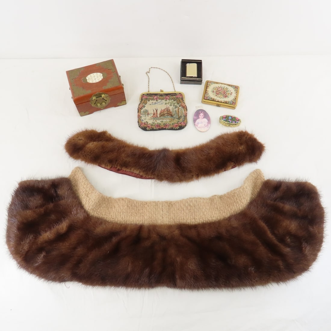 Mink Collars, Petit Point Purse & Compact & More: Mink Collars, Petit Point Purse & Compact & More - Gorwood of Canada Petit Point purse, compact made in USA, pill compact, pocket mirror, Vendome purse atomizer in original box with pouch and