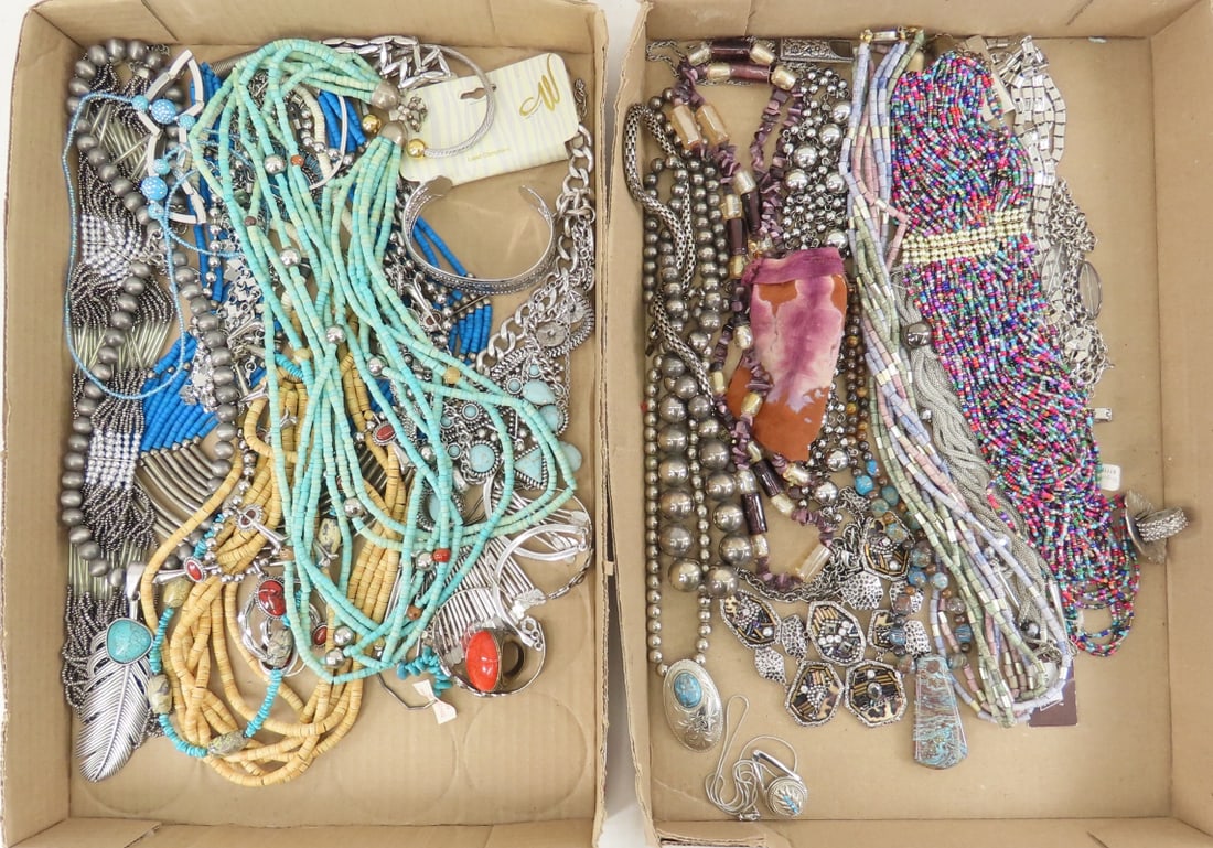 Vintage Southwest Inspired Jewelry: Vintage Southwest Inspired Jewelry - silver tone, wooden bead, faux turquoise & coral. Lot size: 12x10x10", 5 lbs Photos are part of description. (Live Auctioneers only shows a max of 20 photos).