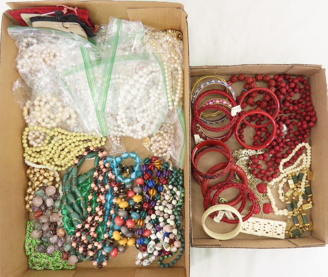 Woolworth, Hong Kong Simulated Cinnabar & Jewelry: Woolworth, Hong Kong Simulated Cinnabar & Jewelry - several beaded necklaces with Woolworth tags, faux pearls, and more. Lot size: 12x12x10", 5.5 lbs Photos are part of description. (Live