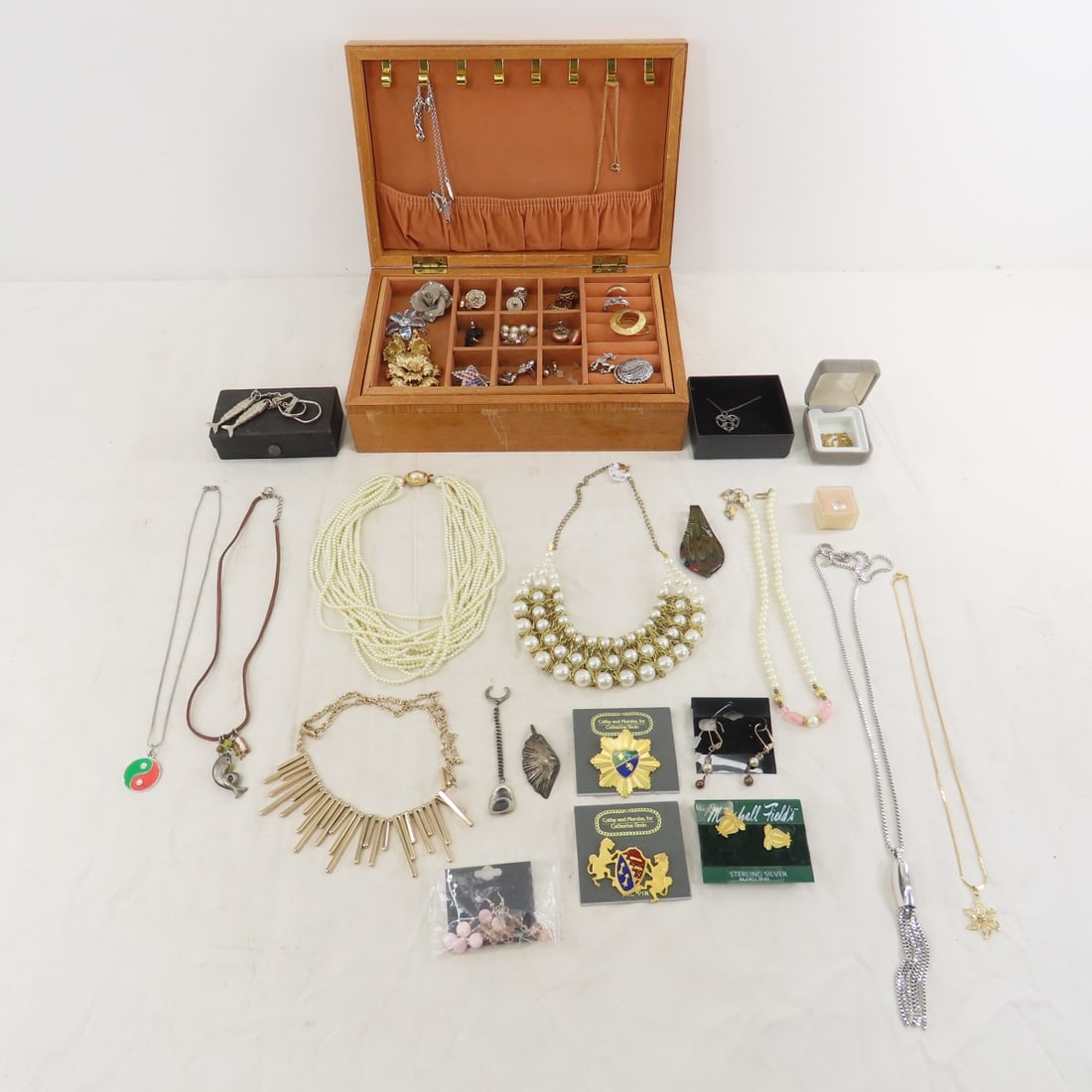 Vintage Jewelry and Box- some signed: Vintage Jewelry and Box- some signed - Monet earring & brooch set, Bogoff, Brighton, W. Germany, Monet, Ch. Dior, Halbe, sterling heart necklace, 2 1962 World and European Ice Hockey Championship