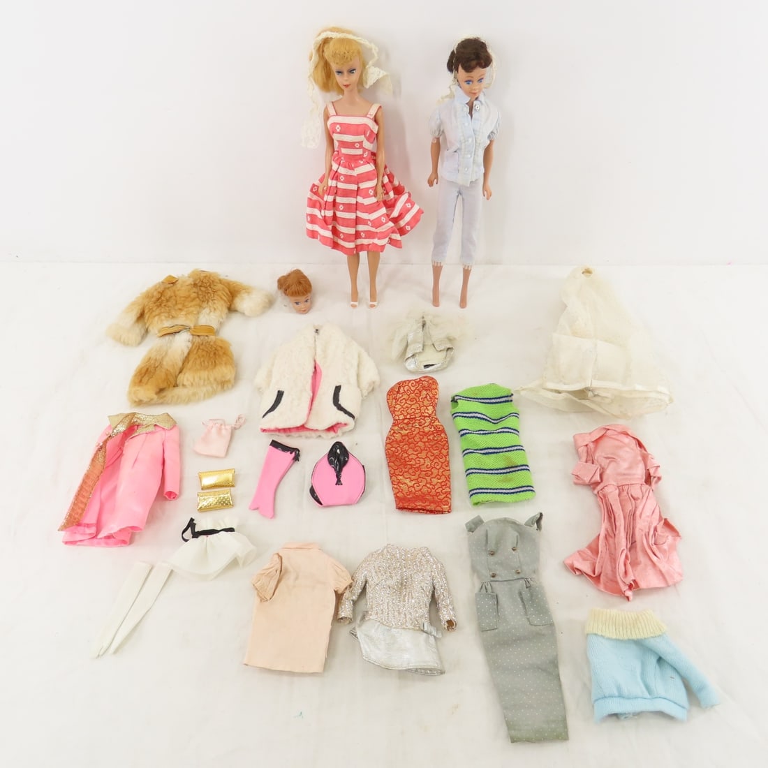 #850 Ponytail Barbie, #860 Midge & More: #850 Ponytail Barbie, #860 Midge & More - 1) Blonde #6 ponytail #850 straight leg Barbie marked "Barbie® Pats. Pend. © MCMLVIII by Mattel Inc.". JAPAN on right foot. 2) Brunette #860 flip st