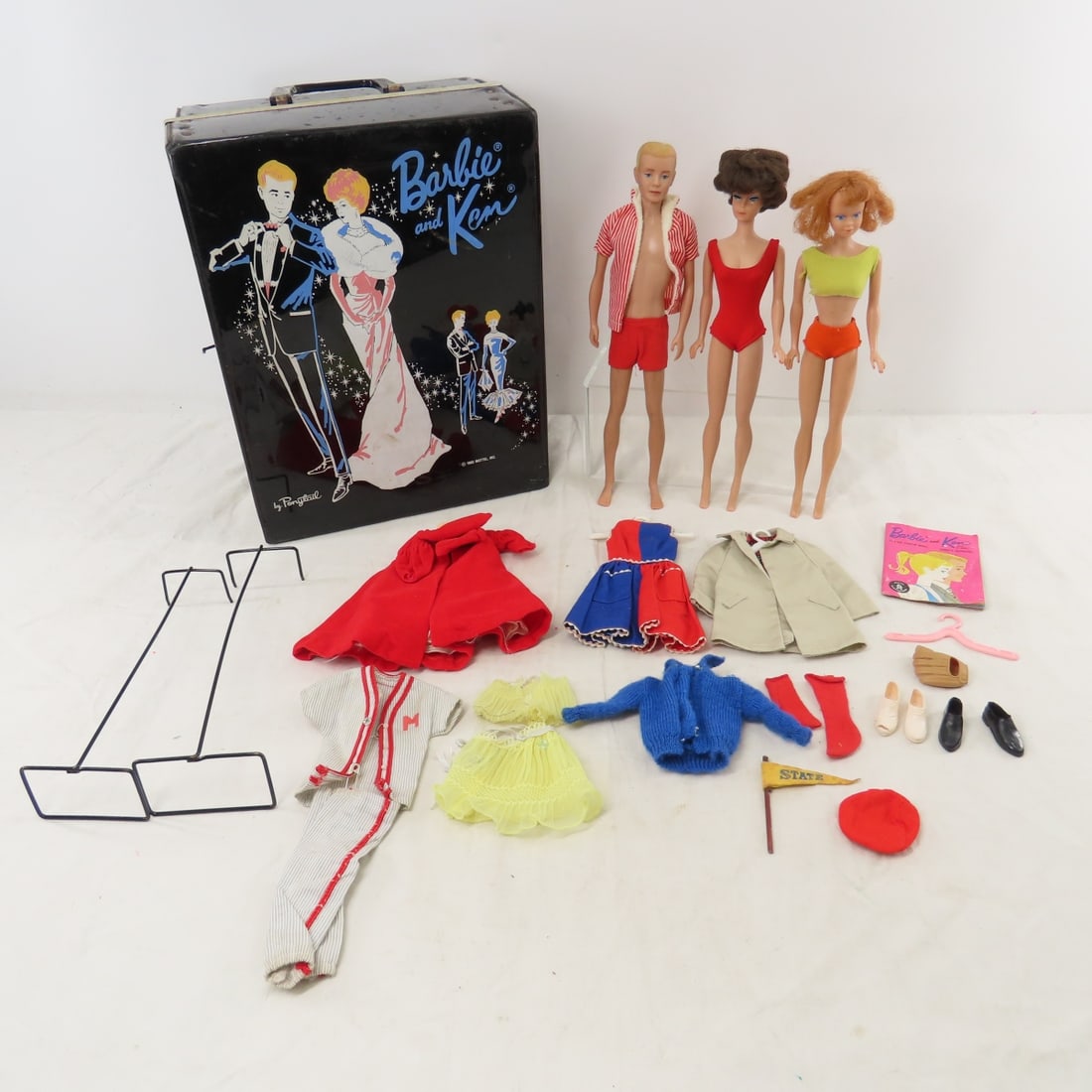 1960's Bubblecut Barbie, Ken, Midge & Accessories: 1960's Bubblecut Barbie, Ken, Midge & Accessories - 1) blonde flocked hair Ken in original swimsuit has loose elastic, and jacket with stand. marked: "Ken™/Pats. Pend./©MCMLX/by/ Mattel/Inc