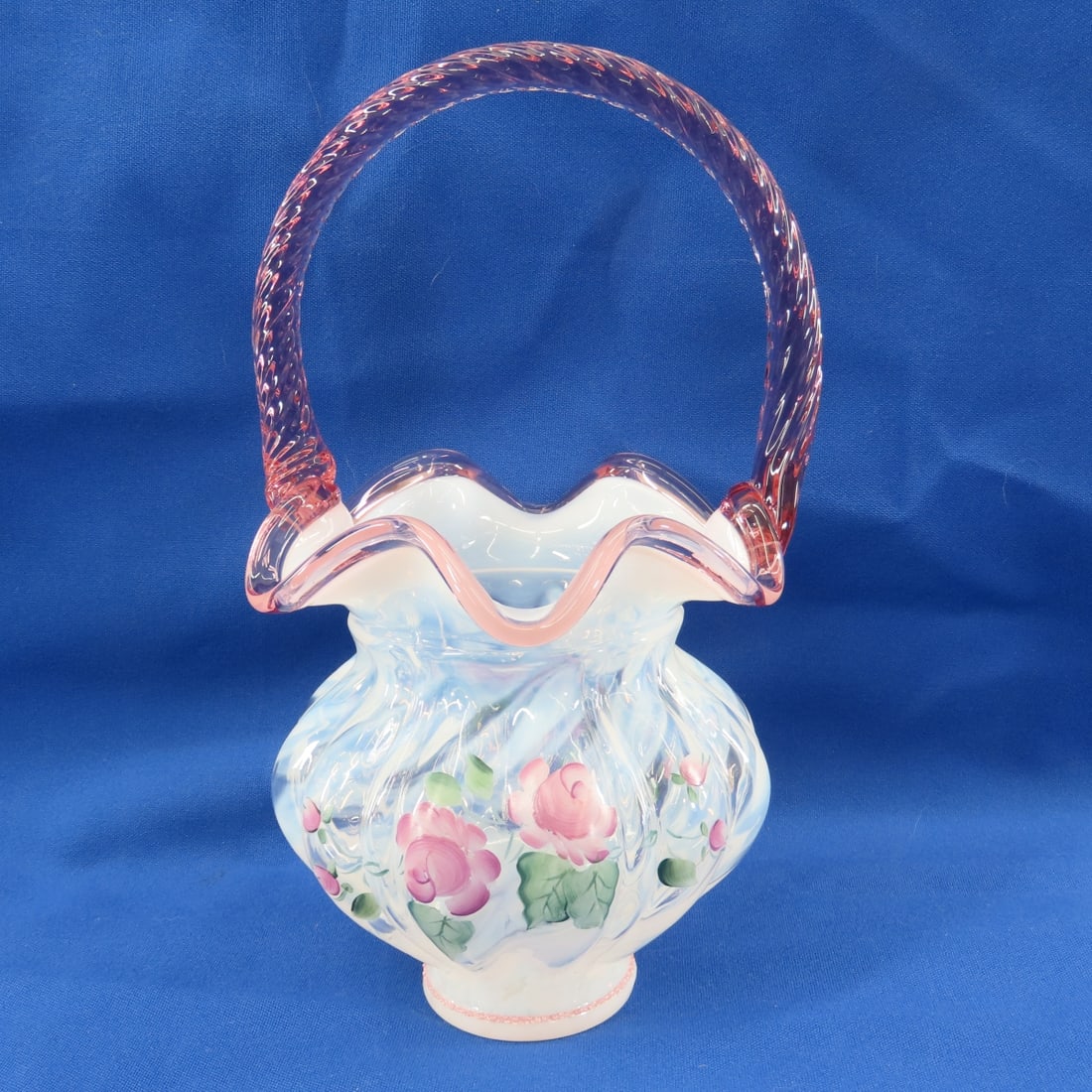 Fenton Art Glass Signed Floral Rose Basket: Fenton Art Glass Signed Floral Rose Basket - Signature Series, Signed George W. Fenton #173, 9" tall, Lot Size: 10 x 7 x 5", 1 lb Photos are part of description. (Live Auctioneers only shows a max