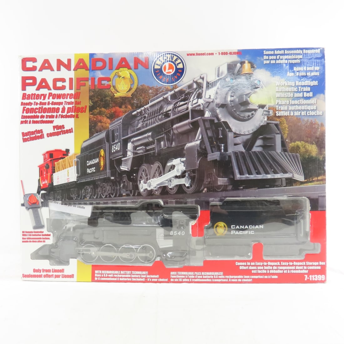 Lionel G Scale Canadian Pacific Train Set In Box: Lionel G Scale Canadian Pacific Train Set In Box - Battery Operated, Open Box, Lot Size: 24 x 18 x 8", 8 lbs Photos are part of description. (Live Auctioneers only shows a max of 20 photos). Please