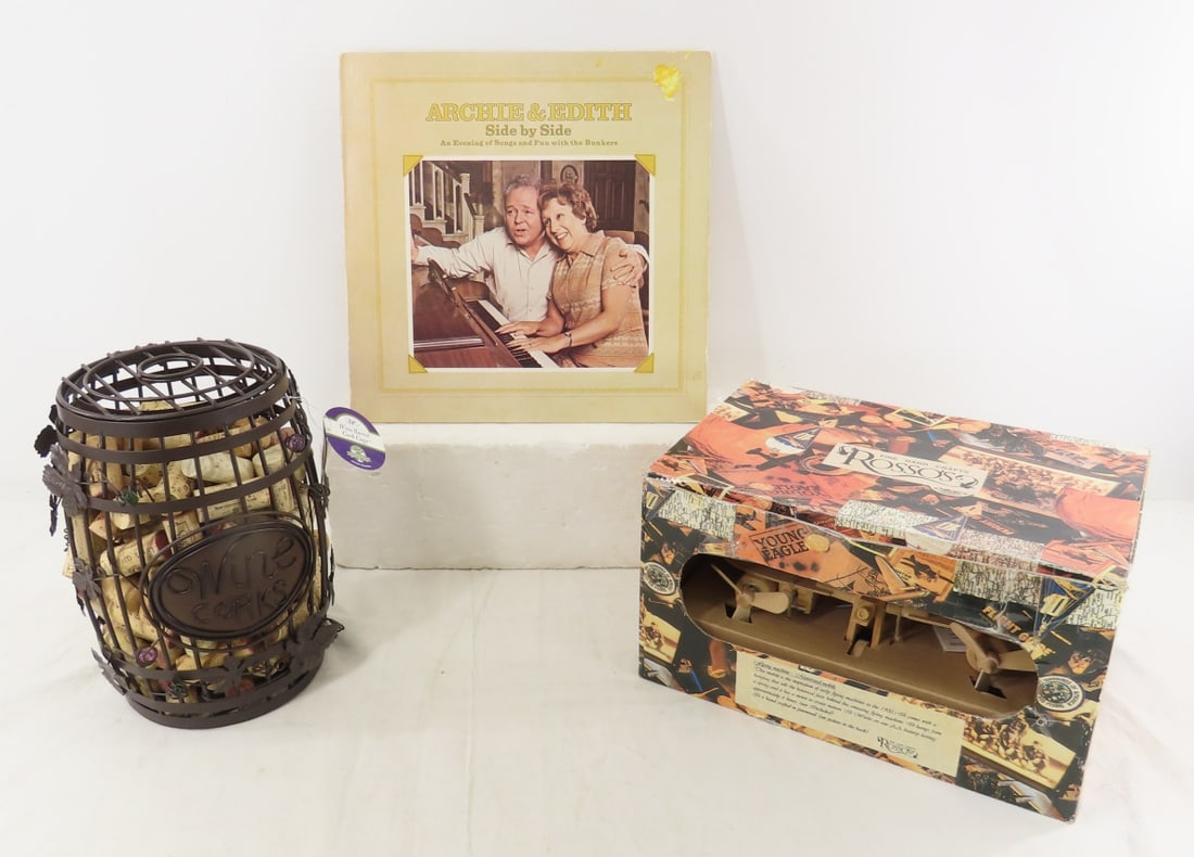 Wine Barrel Cork Cage & Rosso's Wood Airplane: Wine Barrel Cork Cage & Rosso's Wood Airplane - Wine Accessories Cork Cage with Corks, Rosso's Hand Crafted Wood Flying Machine, Archie & Edith Bunker 33rpm Record Album. Lot Size: 17 x 12 x 9, 6