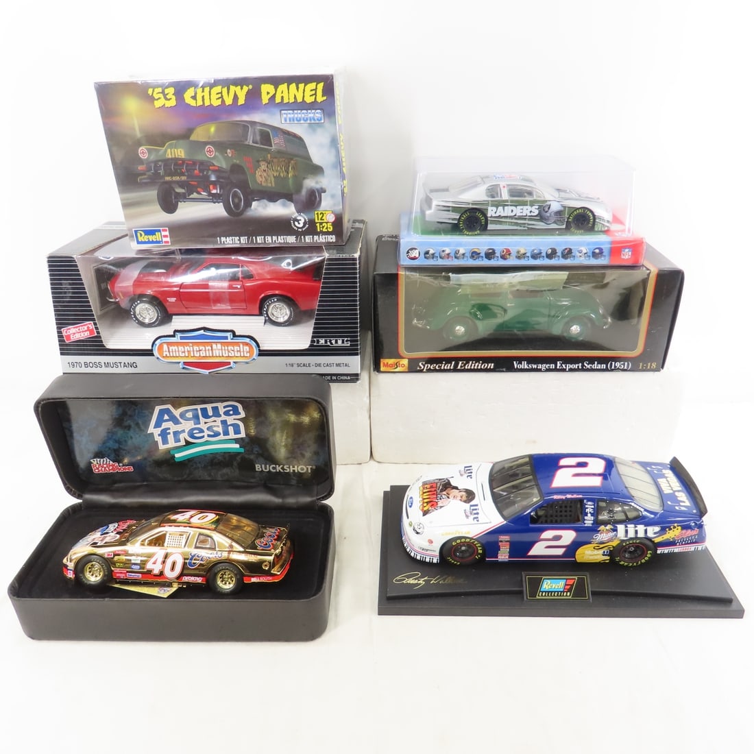 1:18 Scale Maisto, Ertl, Diecast Cars & Model: 1:18 Scale Maisto, Ertl, Diecast Cars & Model - Maisto Sedan, Ertl Mustang, Revell Rusty Wallace Race Car, Raiders NFL Race Car, Racing Champions Coors Light 50th Anniversary Race Car, Revell 1953 Che