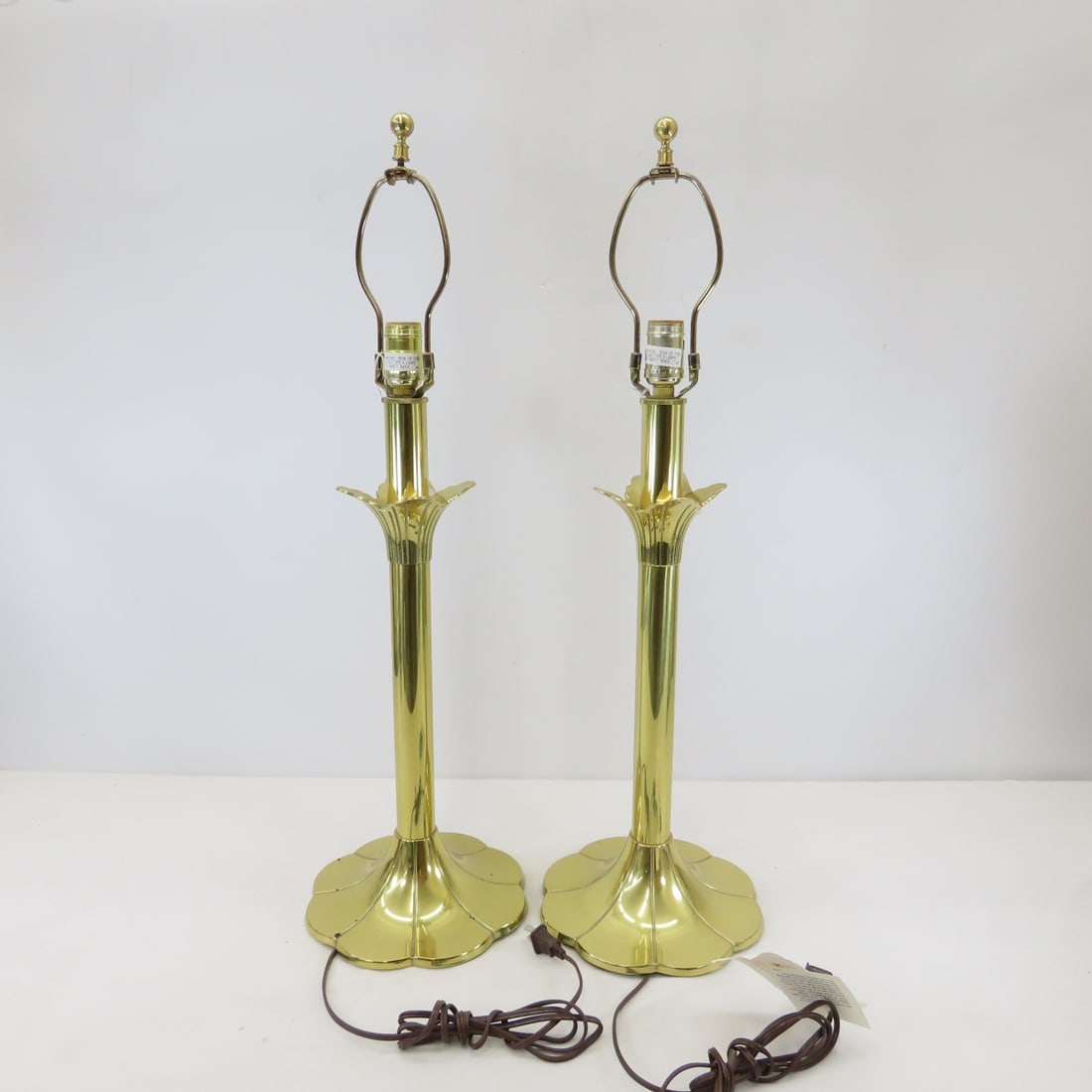 2 Vintage Stiffel 29" 'Lotus' Brass Lamps & Shades - 5