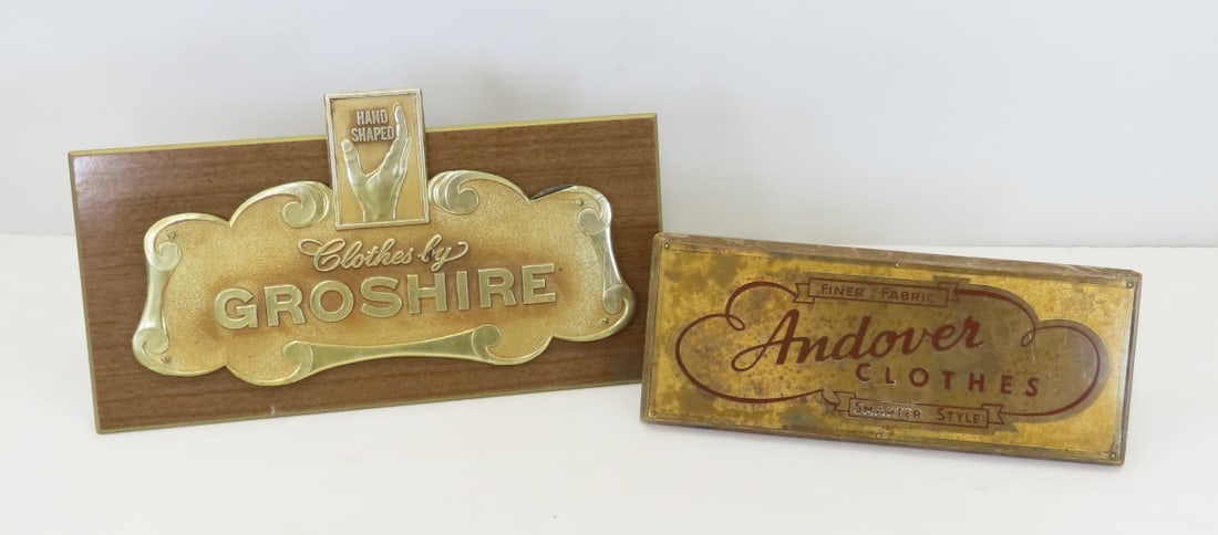 Andover & Groshire Clothing Advertising Plaques: Andover & Groshire Clothing Advertising Plaques - Point of Sale, Store Display Advertising Plaques Andover Clothes 13 x 5", Groshire Clothes 16 x 9", Lot Size: 16 x 9 x 2", 2 lbs Photos are part of