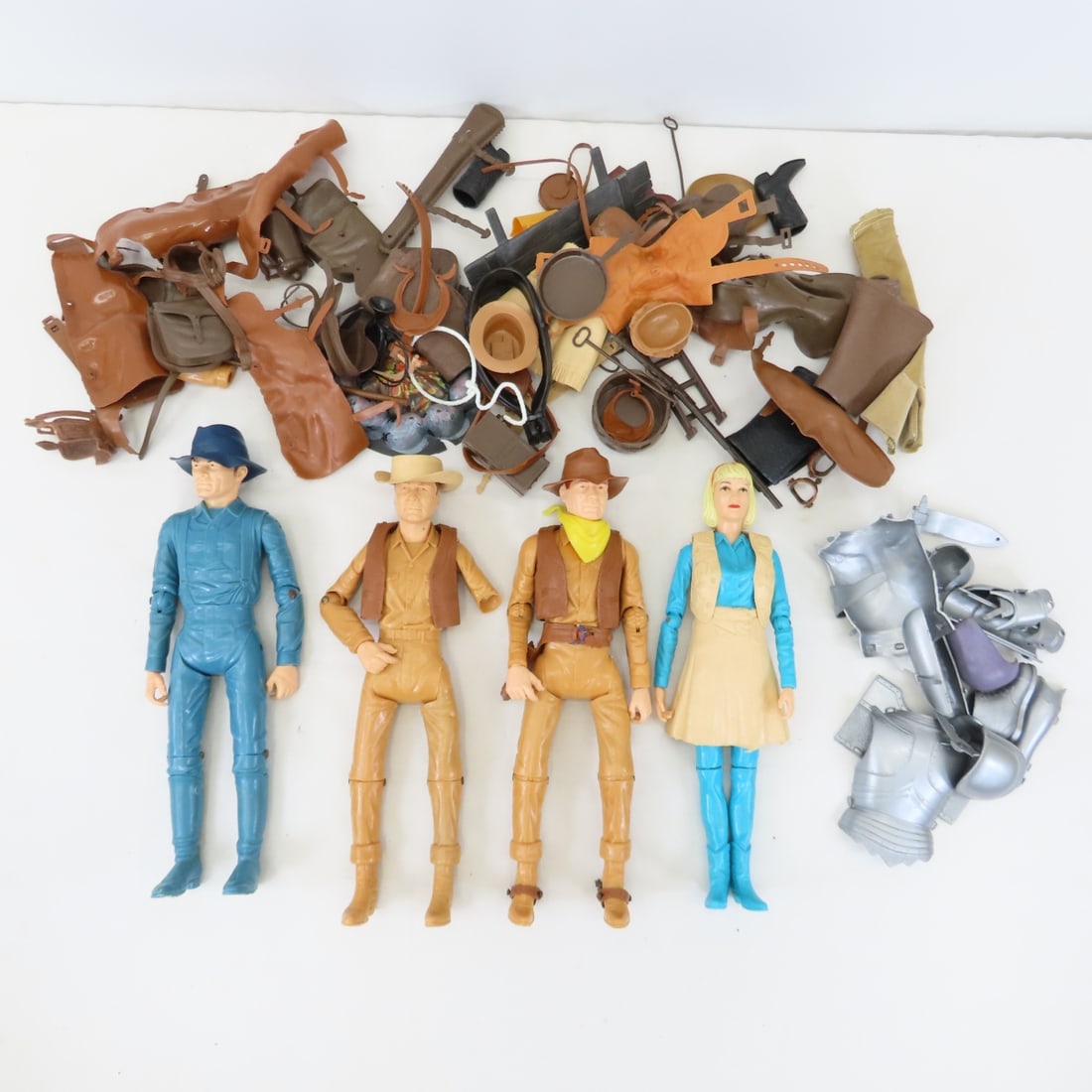 Vintage Marx Best of The West Figures, Accessories: Vintage Marx Best of The West Figures, Accessories - Figures are 11" Tall. Jane West, 2x Johnny West & Captain Maddox. Campfire, Saddles, Boots, Guns, Hats & more. Also included are a Few Marx