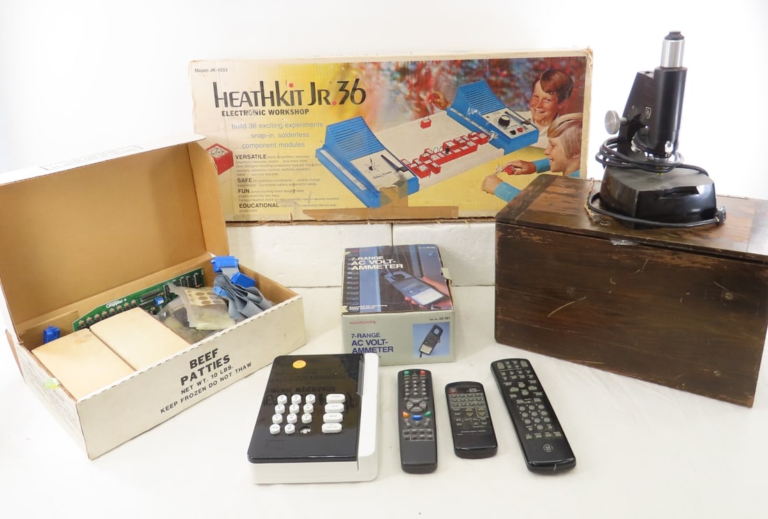 Electronic Workshop, Micronta Volt Ammeter & more: Electronic Workshop, Micronta Volt Ammeter & more - Untested: Heathkit Jr 36 Electronic Workshop, Micronta 7-Range AC Volt Ammeter, American Optical Microscope in Wood Box, Remote Controls and
