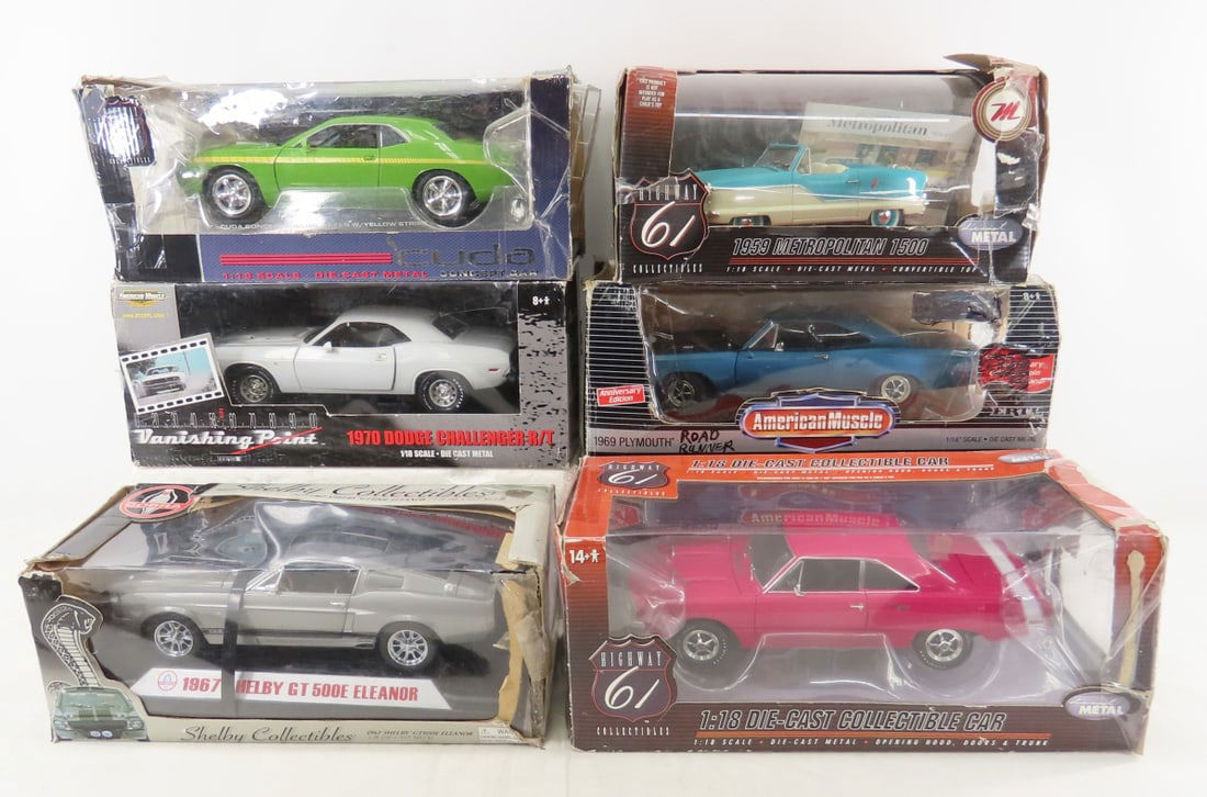 6 Diecast 1:18 Scale Cars, Hwy 61, Ertl & Other: 6 Diecast 1:18 Scale Cars, Hwy 61, Ertl & Other - Highway 61, Shelby Collectibles, Ertl, American Muscle, Dodge Dart, Metropolitan, Shelby GT, Road Runner, Cuda, Challenger. Lot Size: 20 x 15 x
