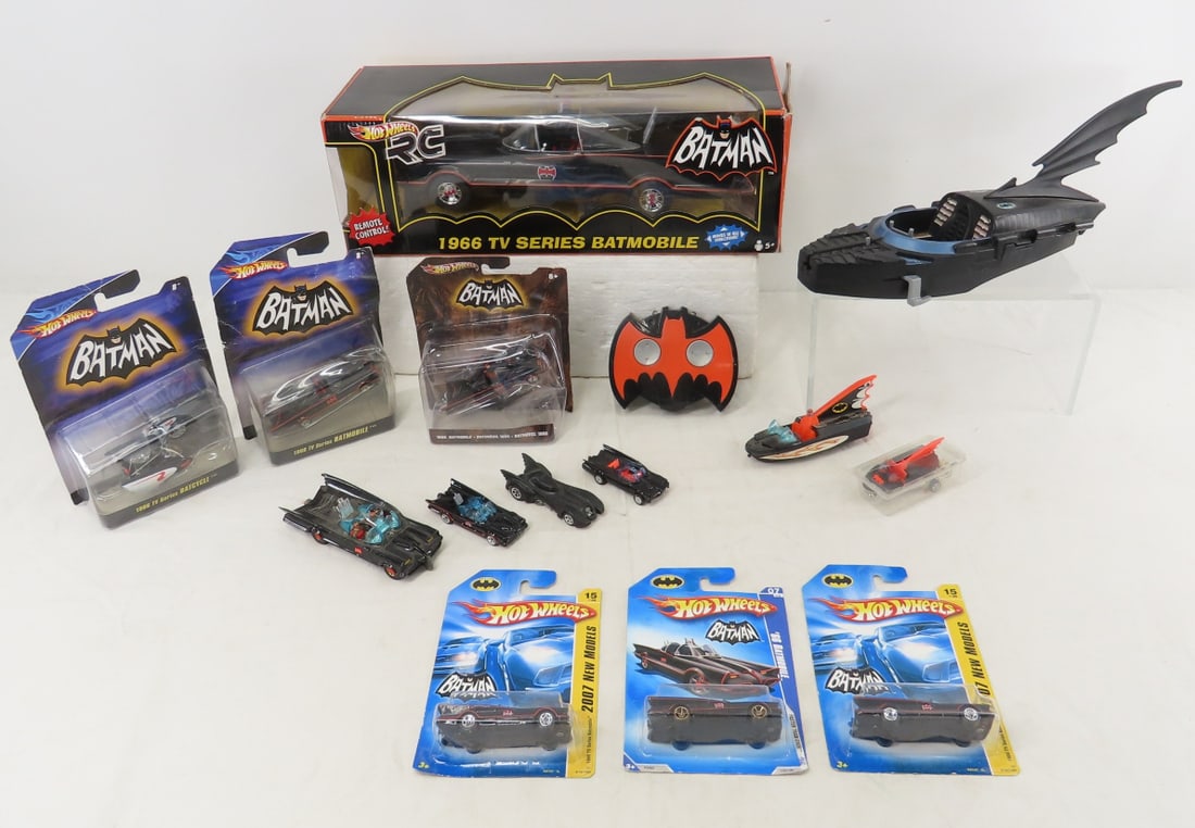 Collection of Batmobiles, Remote Control & Other: Collection of Batmobiles, Remote Control & Other - Untested Remote Control Batmobile, Hot Wheels & Corgi Batmobiles, Batboats. Lot Size: 15 x 14 x 8", 6 lbs Photos are part of description. (Live