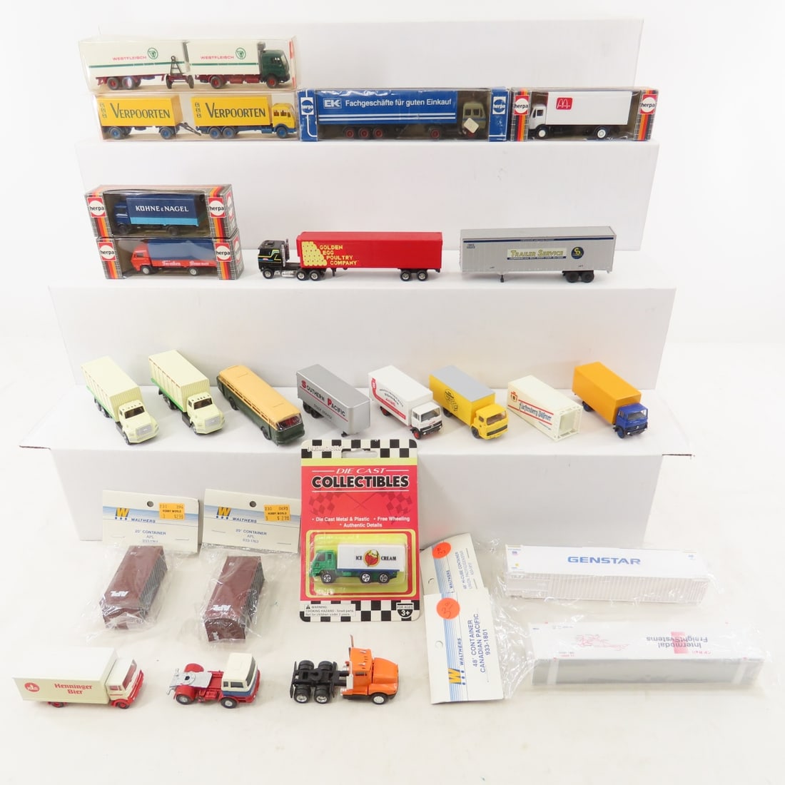 HO 1:87 Scale Trucks & Trailers, Herpa & Others: HO 1:87 Scale Trucks & Trailers, Herpa & Others - Herpa, Wiking, EK Grosseinkauf, Walthers, McDonald's, Kuhne & Nagel, Southern Pacific, Das Postpaket, Henninger Bier & more. lot Size: 16 x 11 x