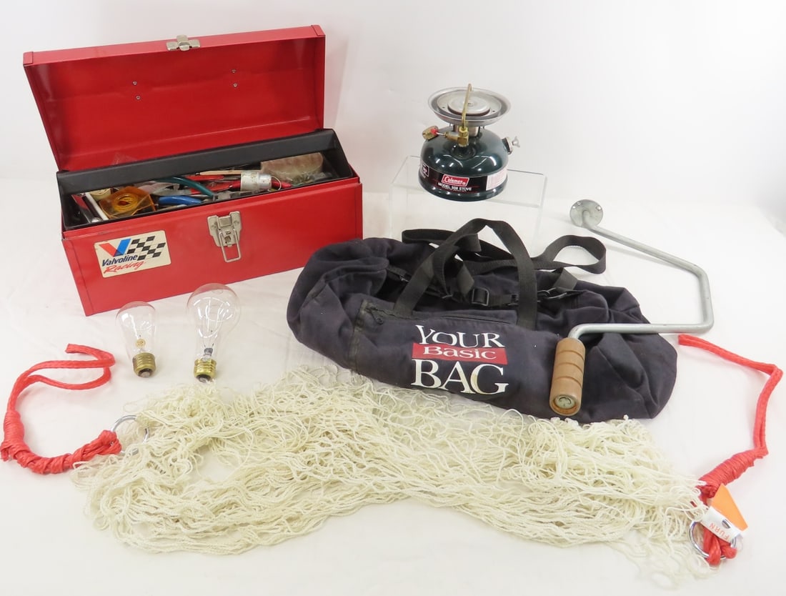 Metal Tool Box w/Tools, Coleman 508 Stove & More: Metal Tool Box w/Tools, Coleman 508 Stove & More - Red Metal Tool box with Miscellaneous Tools, Colman Model 508 Stove, Small Black Duffle Bag and Hammock. Lot Size: 16 x 15 x 8", 16 lbs Photos are pa