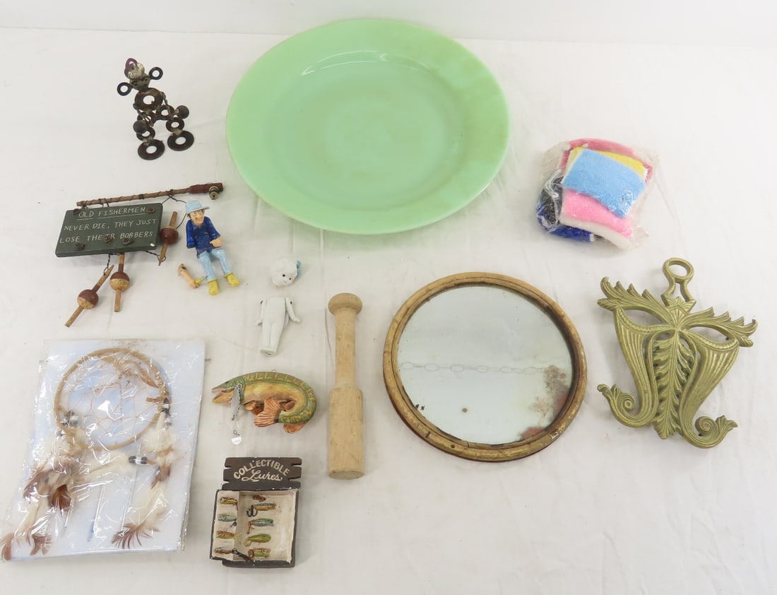 Jadeite Plate, Brass Trivet, Mirror & More: Jadeite Plate, Brass Trivet, Mirror & More - 13" Jadeite Plate, Brass Trivet, Round Mirror & more. Lot Size: 18 x 12 x 4", 7 lbs Photos are part of description. (Live Auctioneers only shows a max of