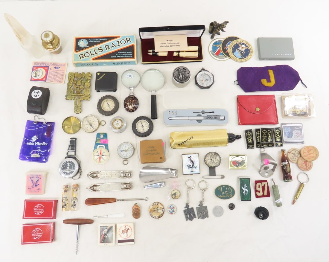 Compasses, Magnifiers, Wooden Nickels & More: Compasses, Magnifiers, Wooden Nickels & More - Lot Size: 14 x 9 x 3", 6 lbs Photos are part of description. (Live Auctioneers only shows a max of 20 photos). Please ask questions and read terms &