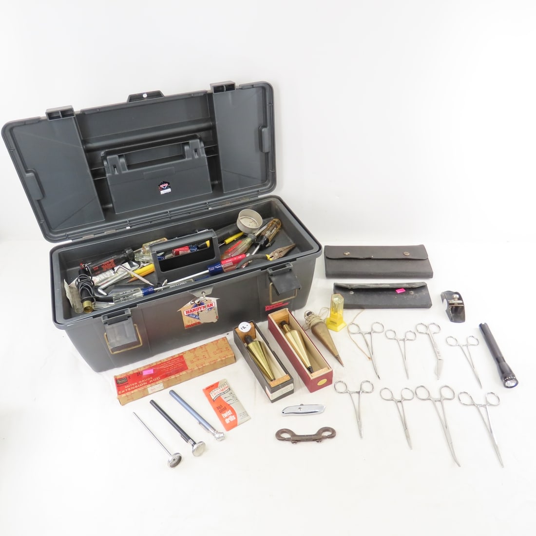 Toolbox, Plumb Bobs, Drafting Tools & More: Toolbox, Plumb Bobs, Drafting Tools & More - Plastic, Popular Mechanics Toolbox with Miscellaneous Tools, Lot Size: 20 x 10 x 10", 14 lbs Photos are part of description. (Live Auctioneers only shows a