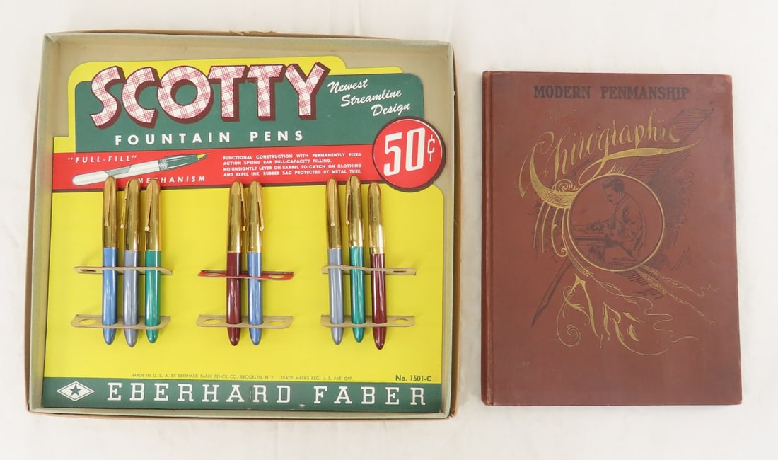 Eberhard Faber Scotty Fountain Pen store display: Eberhard Faber Scotty Fountain Pen store display - With 8 original new pens. Also modern penmanship book. LOT SIZE 12X12X4" 4 LB Photos are part of description. (Live Auctioneers only shows a max of