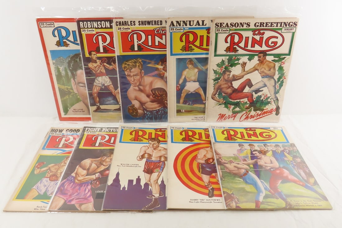 10 1951 The Ring Boxing Magazines: 10 1951 The Ring Boxing Magazines - Lot Size 13x11x2" 3 LB Photos are part of description. (Live Auctioneers only shows a max of 20 photos). Please ask questions and read terms & conditions before