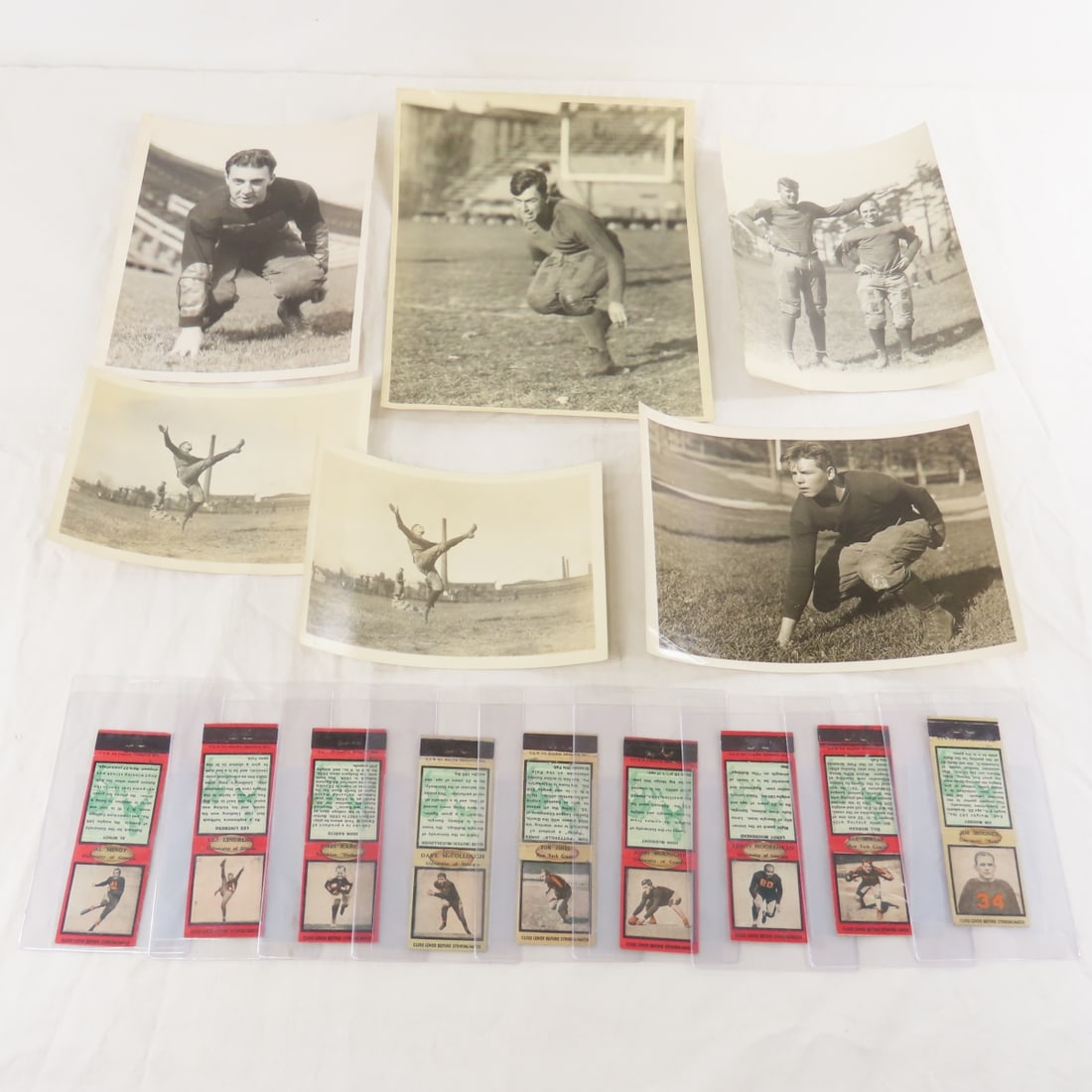 6 Antique Football Photos & 9 Matchbook Covers: 6 Antique Football Photos & 9 Matchbook Covers - Lot Size 13x11x2" 3 LB Photos are part of description. (Live Auctioneers only shows a max of 20 photos). Please ask questions and read terms &