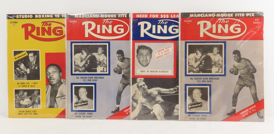 4 1950's The Ring Boxing Magazines: 4 1950's The Ring Boxing Magazines - Lot Size 13x11x2" 3 LB Photos are part of description. (Live Auctioneers only shows a max of 20 photos). Please ask questions and read terms & conditions before